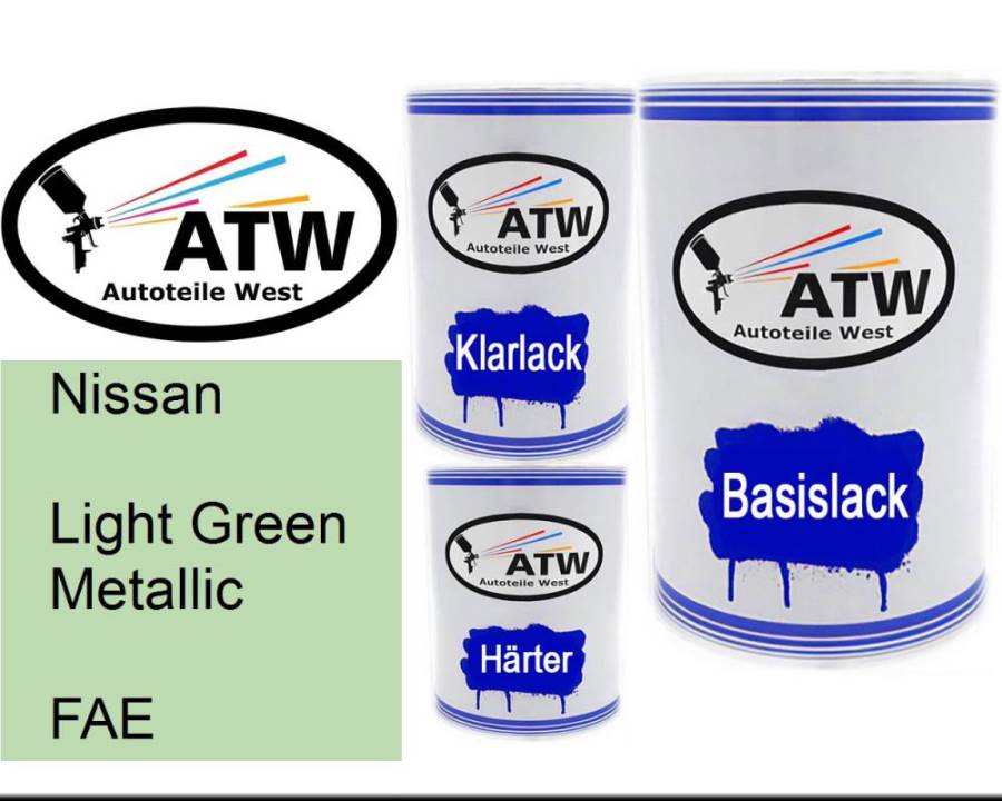 Nissan, Light Green Metallic, FAE: 500ml Lackdose + 500ml Klarlack + 250ml Härter - Set, von ATW Autoteile West.
